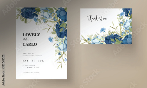 Blue floral wedding invitation card set