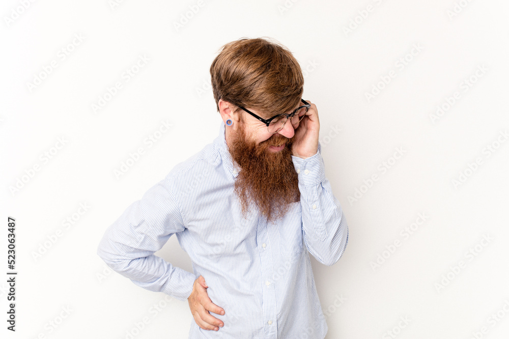 Young caucasian red-haired man isolated on white background joyful laughing a lot. Happiness concept. Young caucasian red-haired man isolated on white background joyful laughing a lot. Happiness concept.