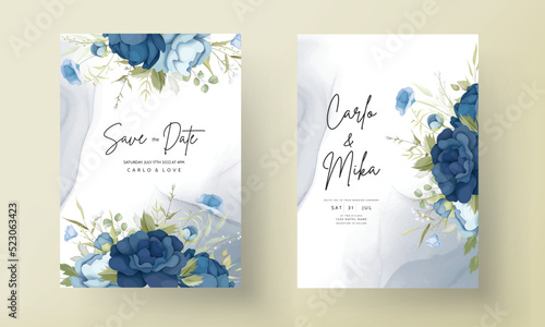 Blue floral wedding invitation card set