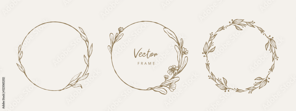 Hand drawn floral frames with flowers, branch and leaves. Wreath. Elegant logo template. Vector illustration for labels, branding business identity, wedding invitation Hand drawn floral frames with flowers, branch and leaves. Wreath. Elegant logo template. Vector illustration for labels, branding business identity, wedding invitation