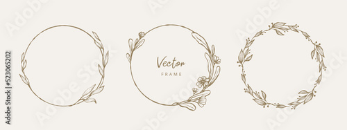 Hand drawn floral frames with flowers, branch and leaves. Wreath. Elegant logo template. Vector illustration for labels, branding business identity, wedding invitation