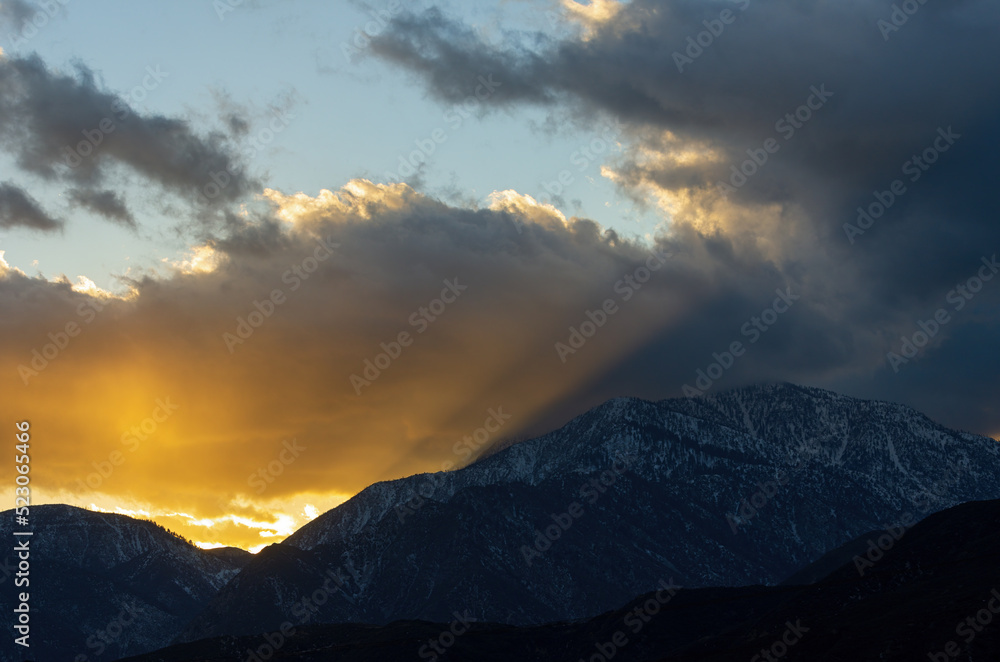 Sunset landscape scene shown at the Cajon Pass in California.