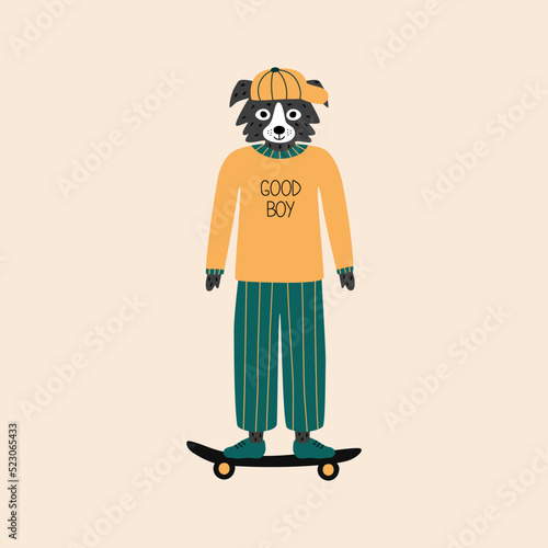 Cute dog on a skateboard in a yellow cap and long sleeve "GOOD BOY" hand drawn vector illustration. Funny isolated animal character in flat style for kids alphabet. The letter "D".