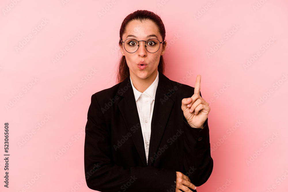 Young business caucasian woman isolated on pink background having some great idea, concept of creativity. Young business caucasian woman isolated on pink background having some great idea, concept of creativity.