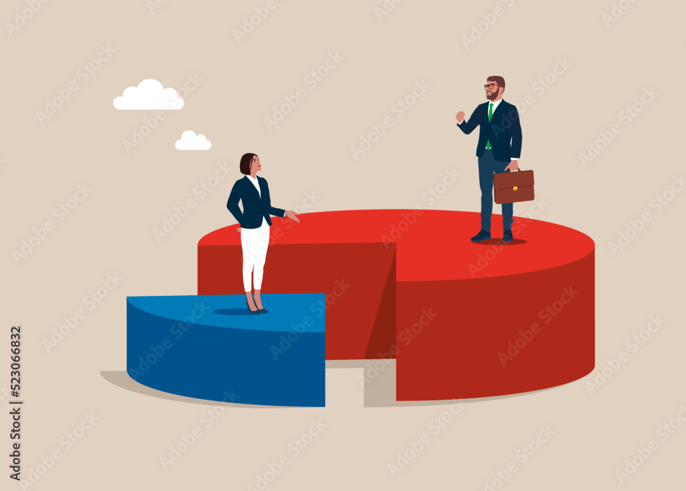 Obraz premium Businessman and businesswoman in suits with briefcase standing on pie chart. Economic financial share profit. Market share business. Competing. Vector illustration flat design. 