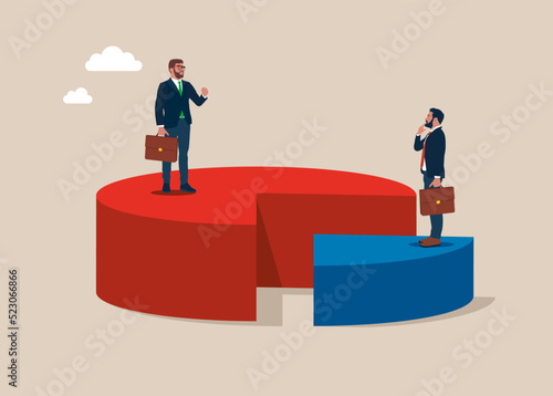 Businessman and businesswoman in suits with briefcase standing on pie chart. Economic financial share profit. Market share business. Competing. Vector illustration flat design. 