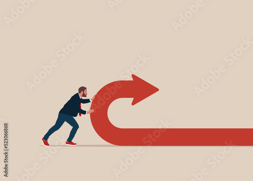 Businessman pushes back arrow symbol. Direction concept. Vector illustration.