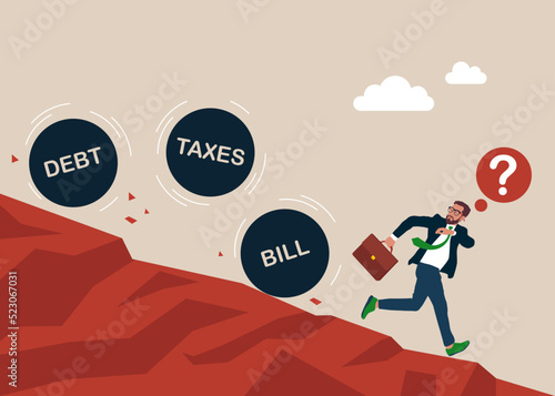 Entrepreneur evades taxes. Businessman with financial problems trying to avoid debt. Man run away from balls. Bankruptcy and economic crisis. Avoidance of tax burden.