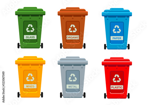 Containers or recycle bins for plastic, glass, paper, metal, mixed and organic trash. Separate garbage set. Dumpsters of different colors isolated on white. Vector illustration.
