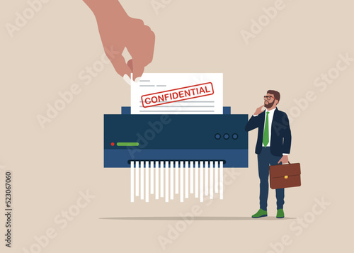 Paper shredder confidential and private document office information protection. Flat vector illustration photo