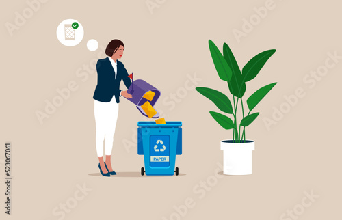 Businesswoman deletes spam or read mail from mailbox. Email cleaner. Female clerk throws letters into trash can. File manager, deleting unnecessary files. Flat Vector illustration