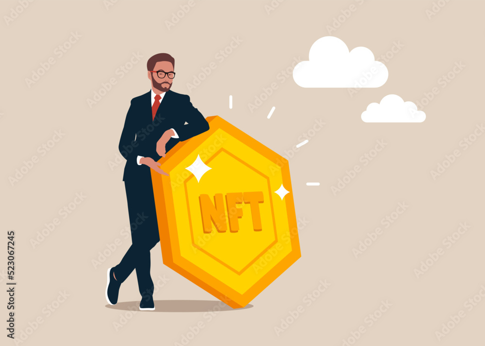 Businessman behind the big NFT token, Vector render character illustration. Businessman behind the big NFT token, Vector render character illustration.