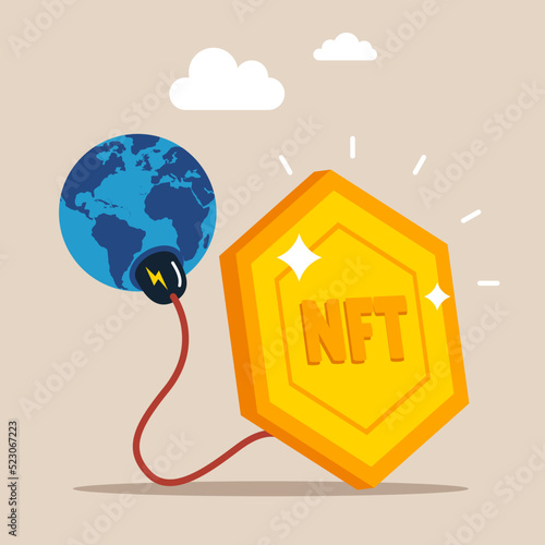 Big NFT token with electric plug sucking energy from planet earth. Cryptocurrency sustainability problem, NFT token and crypto currency mining energy consumption not environment friendly concept.