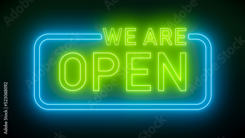 Illustation of glowing neon sign with message, we are open in green and blue