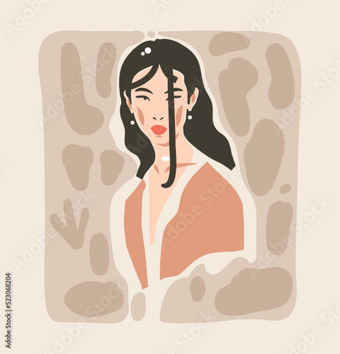 Hand drawn vector abstract stock flat graphic contemporary aesthetic fashion illustration with bohemian,beautiful modern female portrait in simple trendy minimal style isolated on pastel background.