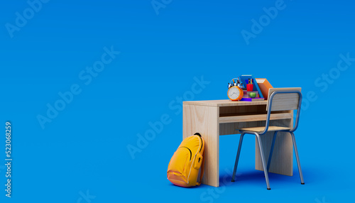 School desk with school accessory and backpack on a colored background. 3D Rendering