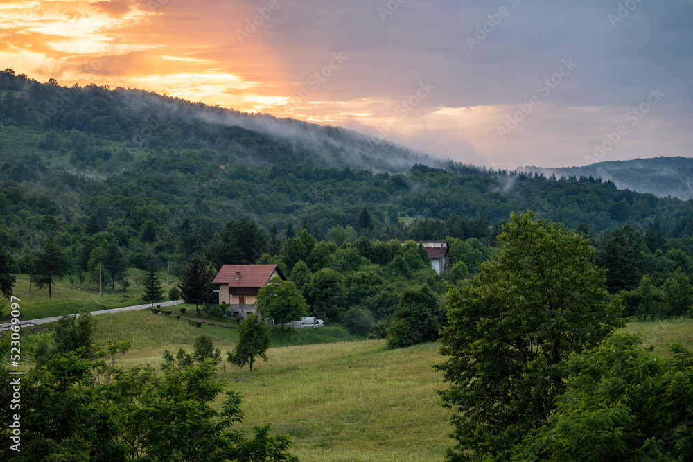 Fototapeta premium Magnificent landscape of Rakovica woods and meadows, after the strong, summer rain at sunset, Croatia