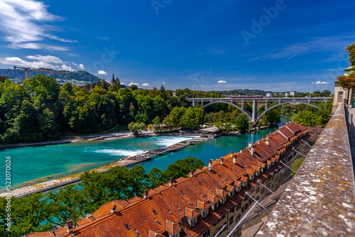 View on the Kirchenfeld Bridge over the Aare River that connects Casinoplatz in the old town of Bern across the Aare with Helvetiaplatz in the Kirchenfeld district.