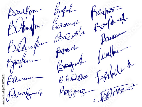 Set of vector autographs. A collection of handwriting stylized as signatures.