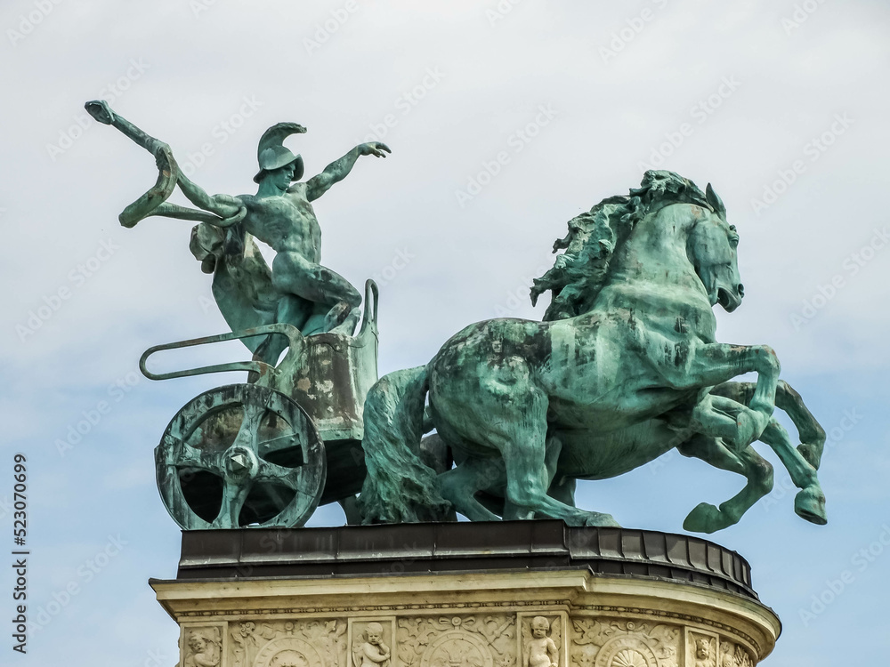 Budapest.
The equestrian statues depict chieftains who conquered the Pannonian Plain under the leadership of Prince Árpád. The statues symbolize War, Peace, Work and Prosperity, Knowledge and Glory.
Budapest.
The equestrian statues depict chieftains who conquered the Pannonian Plain under the leadership of Prince Árpád. The statues symbolize War, Peace, Work and Prosperity, Knowledge and Glory.