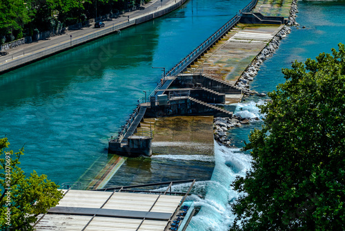 Floodgates or flood locks on the river Aare in Bern  Switzerland to regulate the water flow.