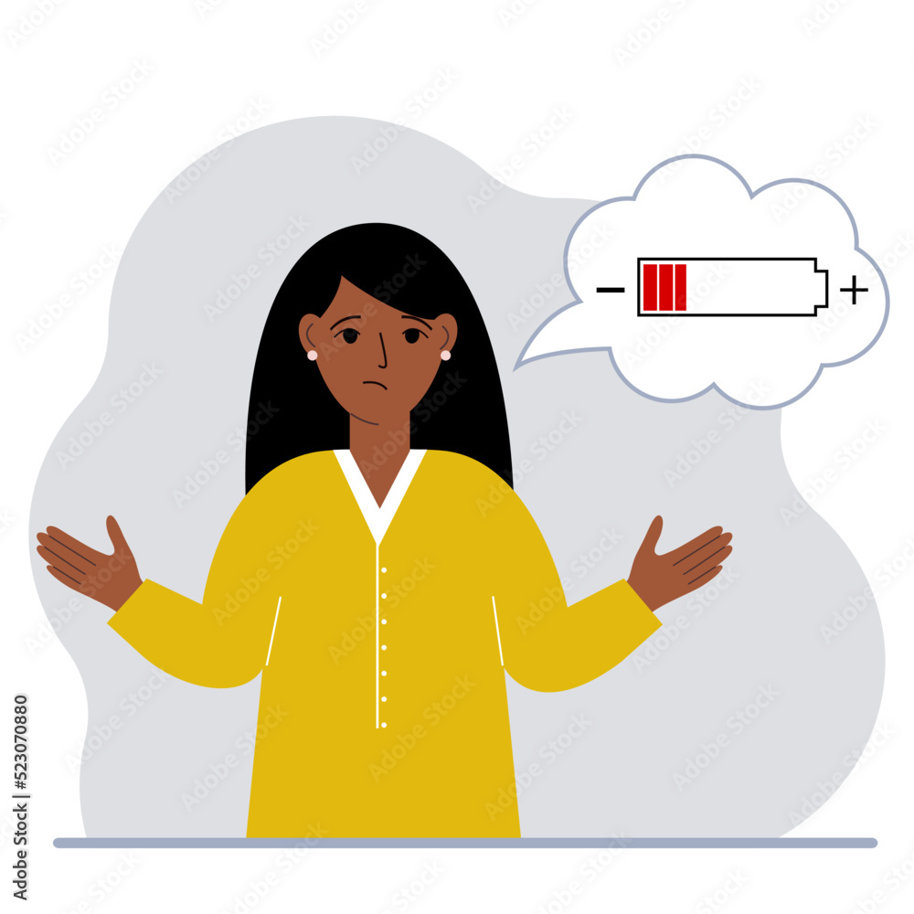 Conceptual illustration of low battery. Sad woman thinks about charging. Conceptual illustration of low battery. Sad woman thinks about charging.