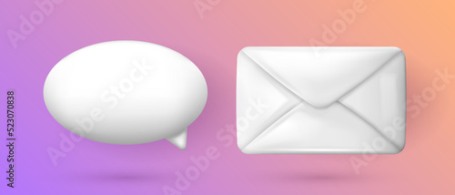 Three dimensional cartoon white speech bubble and glossy envelope icons. Oval chat cloud and letter, message isolated on gradient background. Vector illustration EPS 10