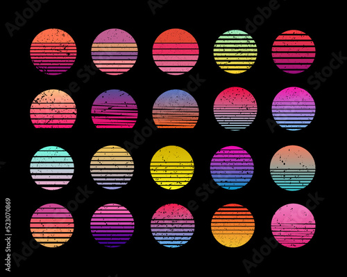Vintage sunset collection. Regular and distressed retro sunset set. Five options with textured versions. Circular gradient background. T shirt design element.