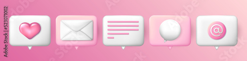Collection of 5 rectangle pink and white speech clouds with heart, letter (envelope), cartoon text, chat bubble and At sign (arobase, e-mail) inside. New message, online chatting 3D icons