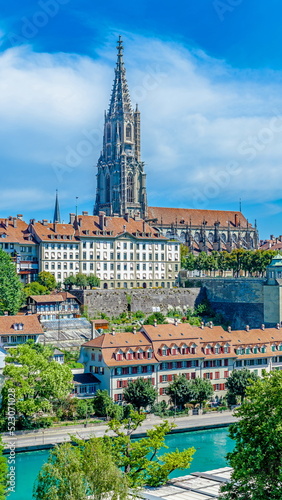 BERN, SWITZERLAND - August 2nd 2022: Bern, Switzerland. Spire Bernese Cathedral (Berner Münster).