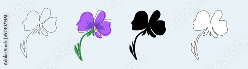 Set of four pansy-eye blossoms in single line, doodle, outline and black silhouette style. Stock vector illustration, isolated on blue background.