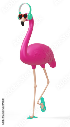 Flamingo with headphone, summer season, 3d rendering