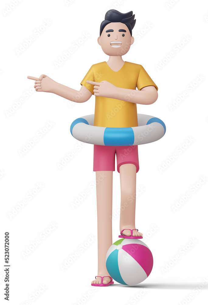 Happy man pointing finger in swim ring on a beach ball, 3d rendering Happy man pointing finger in swim ring on a beach ball, 3d rendering
