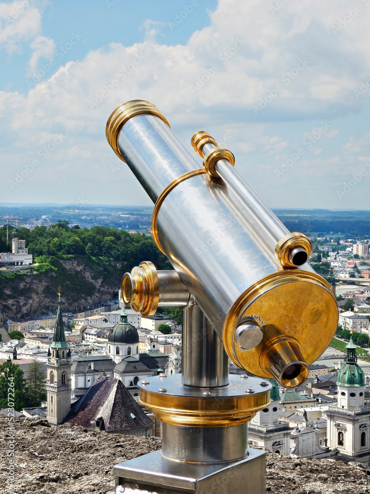 A Focus Stacked Image of a Telescope on the Walls of the Hohensalzburg Fortress Looking Down on Old Town Salzburg