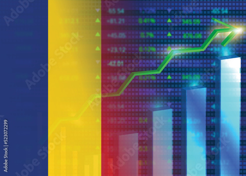 Economic growth in Romania.Romania's stock market.Romanian flag with charts,growth arrow