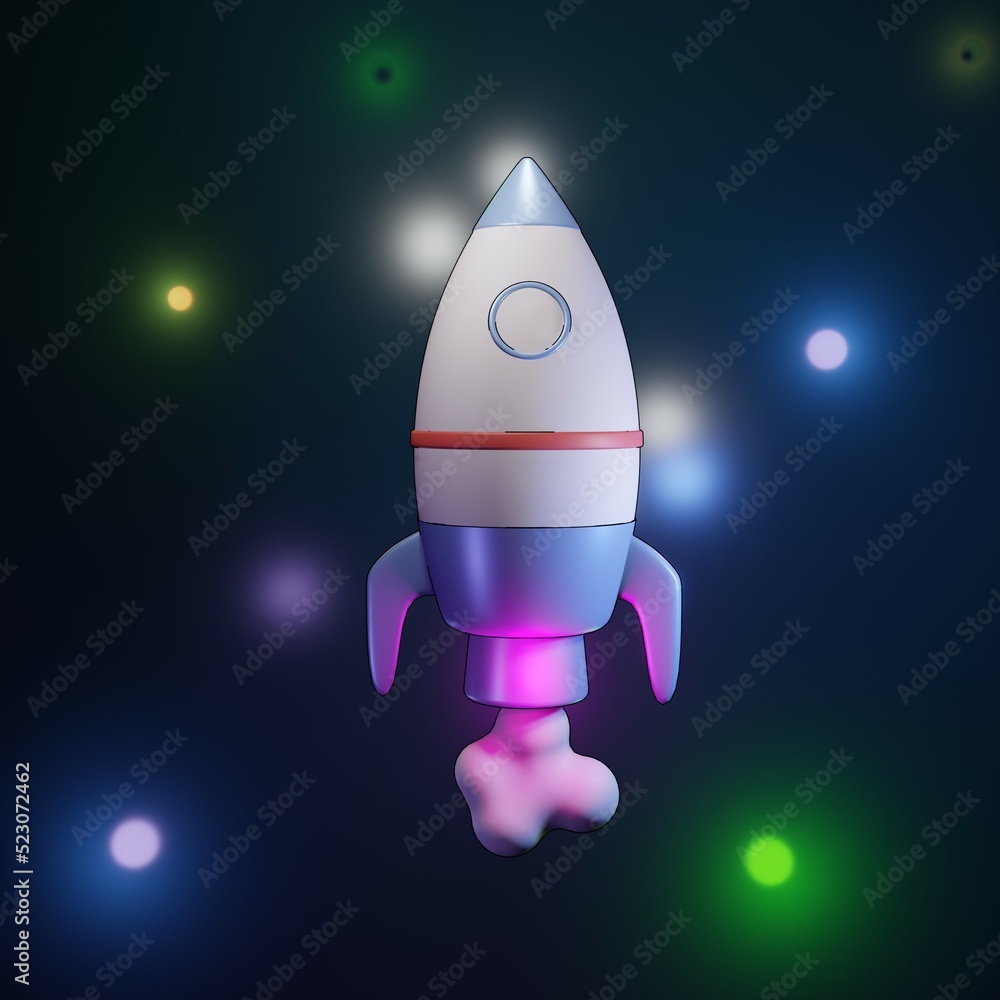 Spaceship rocket. Toy rocket upswing ,spewing smoke. Startup, space, business concept. 3d render illustration icon. Cartoon minimal style. Spaceship rocket. Toy rocket upswing ,spewing smoke. Startup, space, business concept. 3d render illustration icon. Cartoon minimal style.