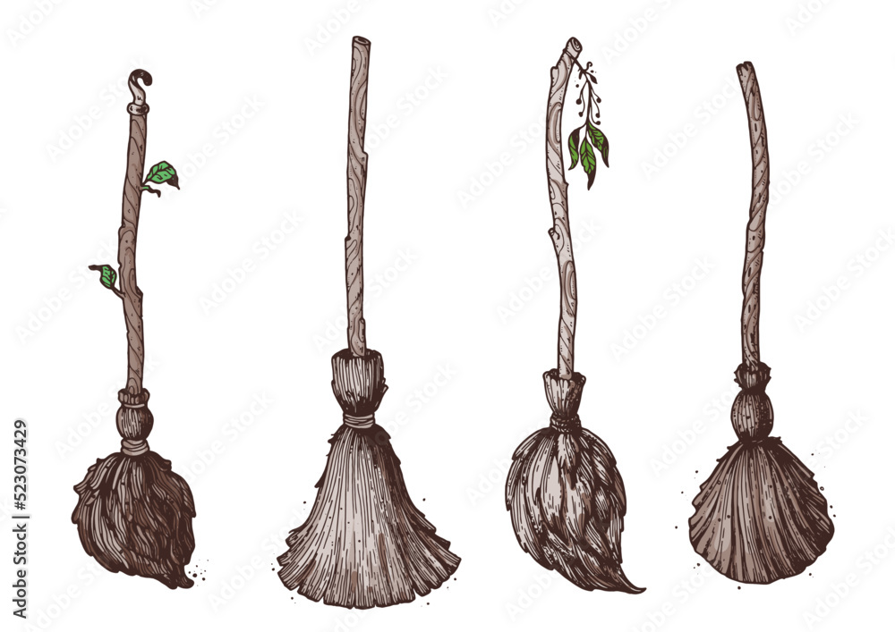 Witch's broom collection. Hand drawn vector illustration. Broom magic