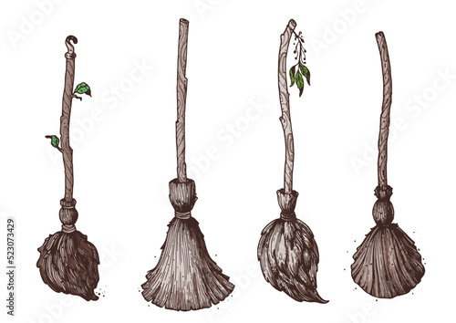 Witch's broom collection. Hand drawn vector illustration. Broom magic. Broomstick set. Wooden vintage broom. Traditional Halloween symbol