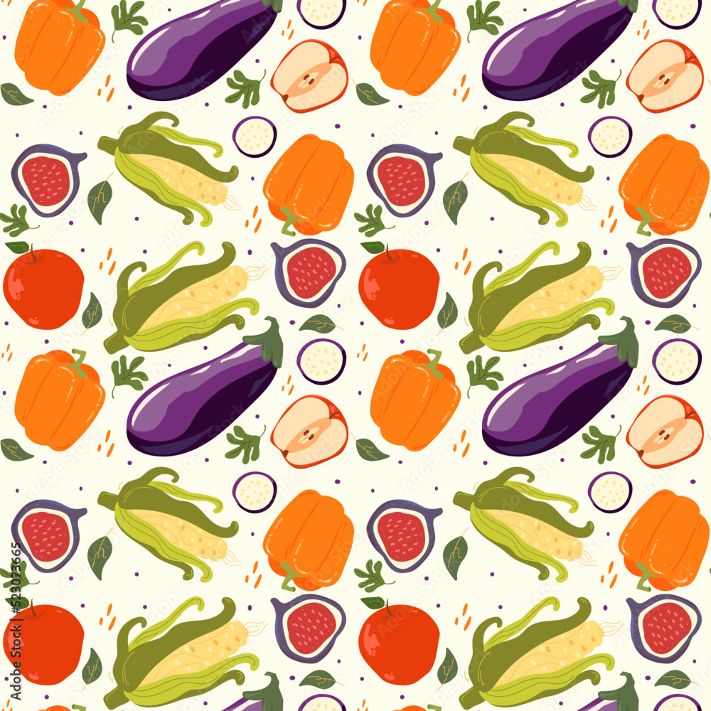 Seamless pattern of autumn fruits and vegetables: figs, apples, sweet peppers, eggplant and corn Seamless pattern of autumn fruits and vegetables: figs, apples, sweet peppers, eggplant and corn