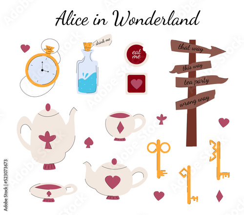 Alice in Wonderland set of items in the hand drawn style