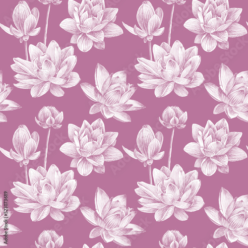 Hand drawn lotus flowers Seamless pattern. White on a pink background. For fabric, sketchbook, wallpaper, wrapping paper.