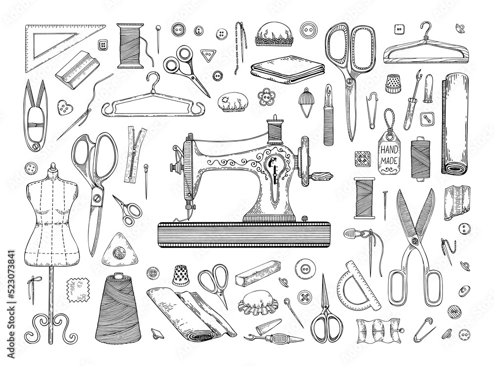 Set sewing accessories line art. Tailor profession. Sewing machine scissors manikin fabrics needle bar thread thimble. Hand drawn vector illustration. Set sewing accessories line art. Tailor profession. Sewing machine scissors manikin fabrics needle bar thread thimble. Hand drawn vector illustration.