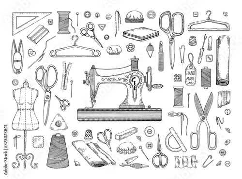 Set sewing accessories line art. Tailor profession. Sewing machine scissors manikin fabrics needle bar thread thimble. Hand drawn vector illustration.