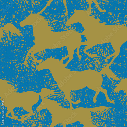 Wild Mustang Horses. Seamless background for fabrics, textiles, packaging and wallpaper. Vector illustration.
