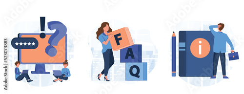 Frequency asked questions and helpdesk illustration set. Characters contacting with helpdesk service, asking questions and receiving answers. Customer support concept. Vector illustration.