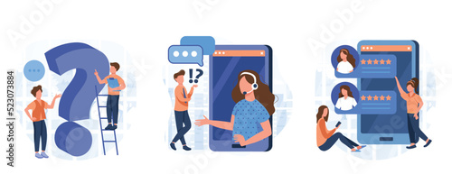 Customer support illustration set. Characters asking a questions, receiving answers from helpdesk operator, sharing user experience and giving customer feedback. Vector illustration.
