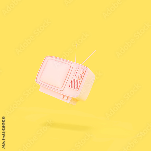 Creative 3D Illustration concept of pastel retro pink television on yellow background. Alternative vintage environment.