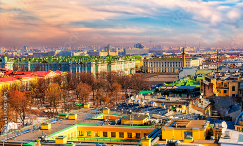 St. Petersburg city landscape with top view of the Winter Palace and Palace Square