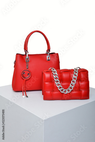 Collection of stylish women`s bags on white background 