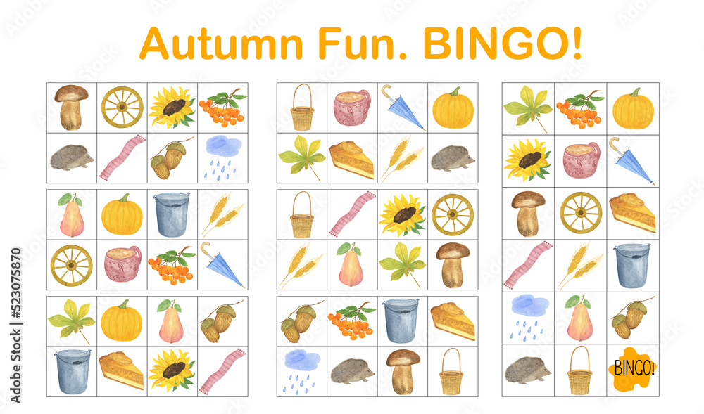Autumn Bingo printable game with topical vocabulary to practice language knowledge, fall holiday classroom or leisure activity worksheet, teachers resources for kids